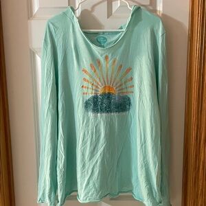 Life is Good Mint Green Long-Sleeve Hoodie Graphic Tee with Sunrise Motif